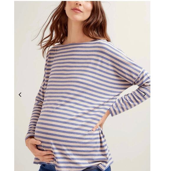 Hatch Top Maternity Med Stream/Oatmeal Striped Boat Neck Perfect Long Sleeve Tee - Picture 1 of 11